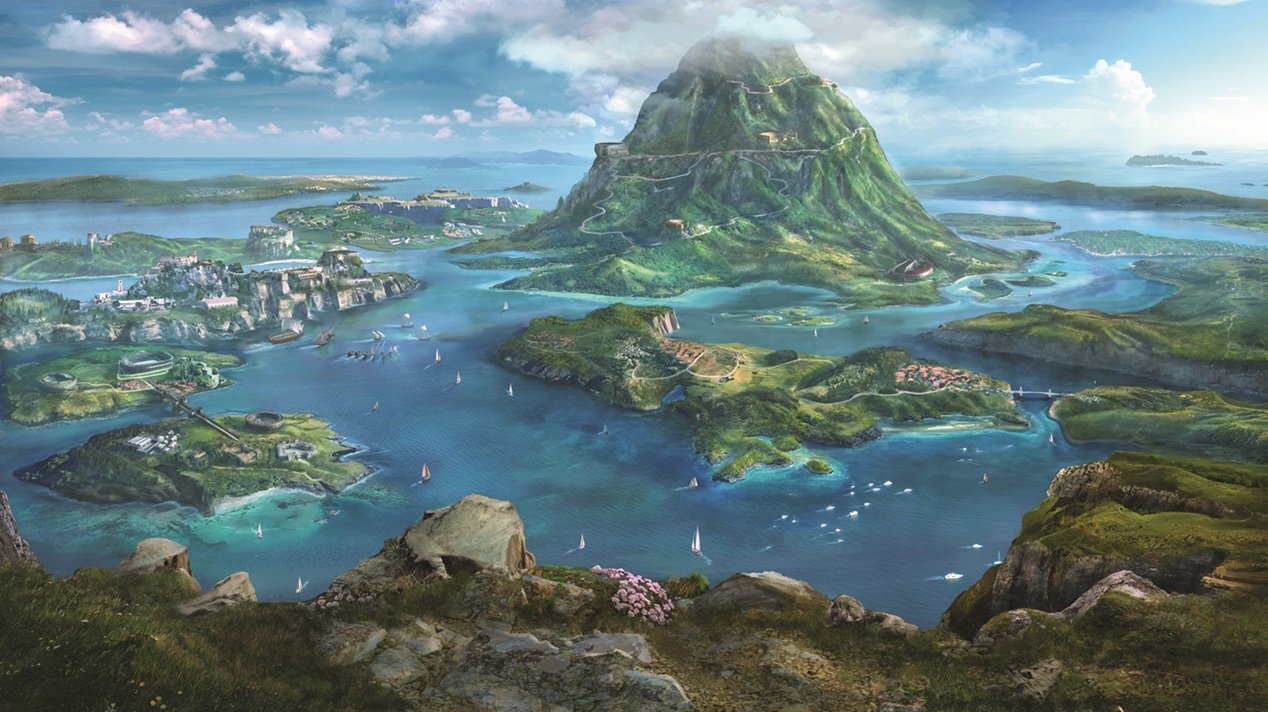 A vast archipelago partition seen from a clifftop — green islands, white sails, and a mountain rising from the sea.